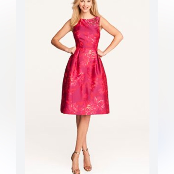TERI JON Pink Floral Jacquard Embellished Fit & Flare Midi Cocktail Dress Sz 4